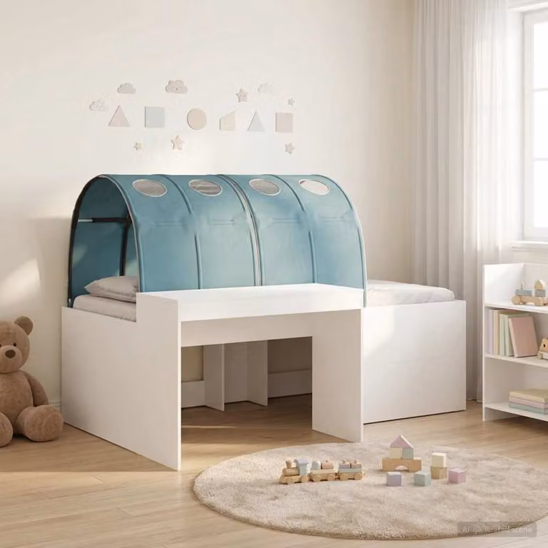 Letto singolo per bambini con tunnel vidaXL in legno ingegnerizzato, Bianco, Blu e Marrone, L: 203 cm, P: 143,5 cm, H: 120 cm
