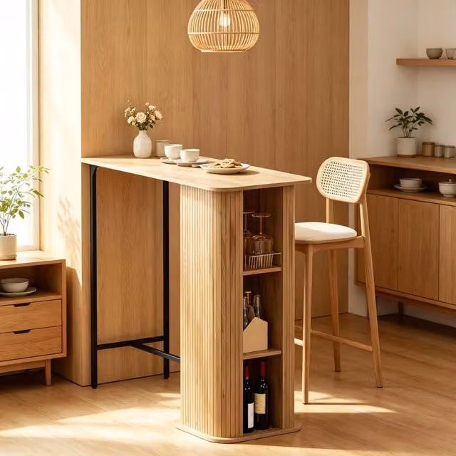 Tavolo alto Mivray con 3 ripiani aperti e piedi in metallo regolabili, finitura opaca in legno e nero, L: 112 cm, P: 45 cm, H: 106 cm