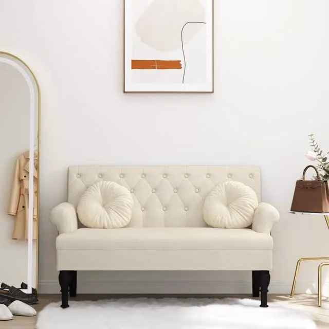 Panca con Schienale vidaXL in Tessuto Beige e Legno Antico L/P/H: 120 x 41,5 x 75,5 cm