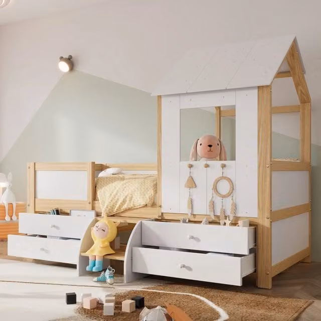 Letto a casetta Mivray per bambini in legno bianco naturale con 4 cassetti, scala, tetto e finestra, dimensioni 90 x 200 cm
