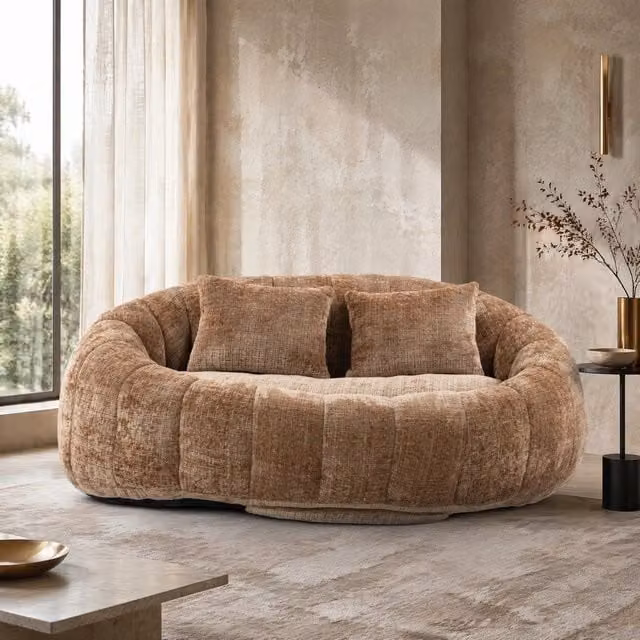 Pouf da pavimento MIVRAY in ciniglia color marrone con braccioli e imbottitura in schiuma, L: 62 cm, P: 63 cm, H: 34 cm