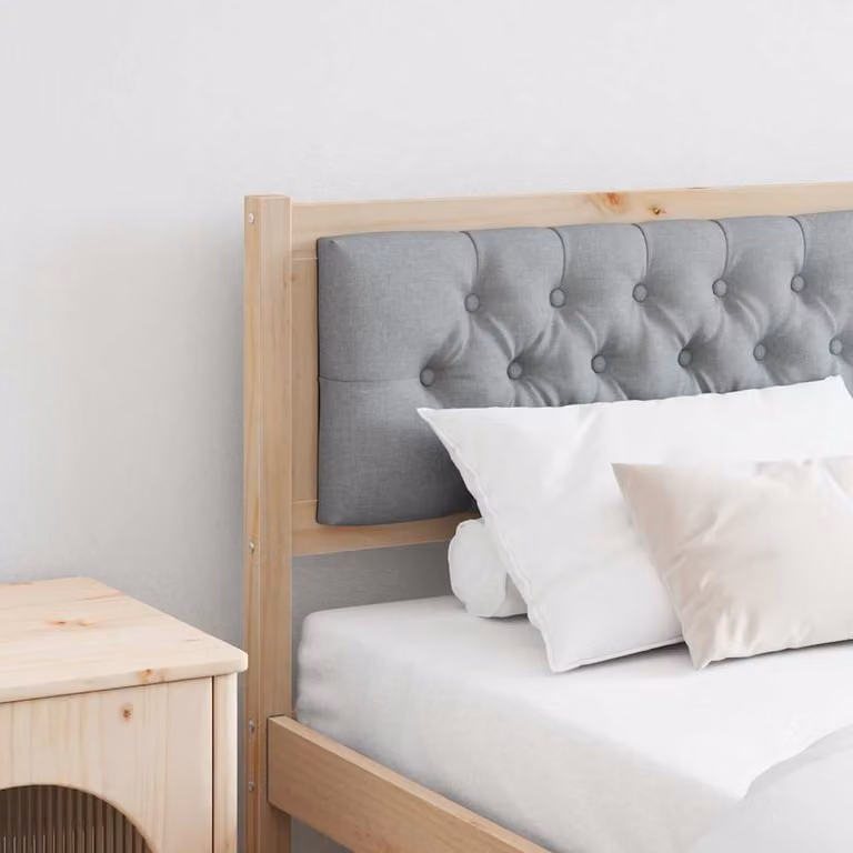 Testiera per letto moderna vidaXL in legno di pino massello e tessuto, marrone e grigio chiaro