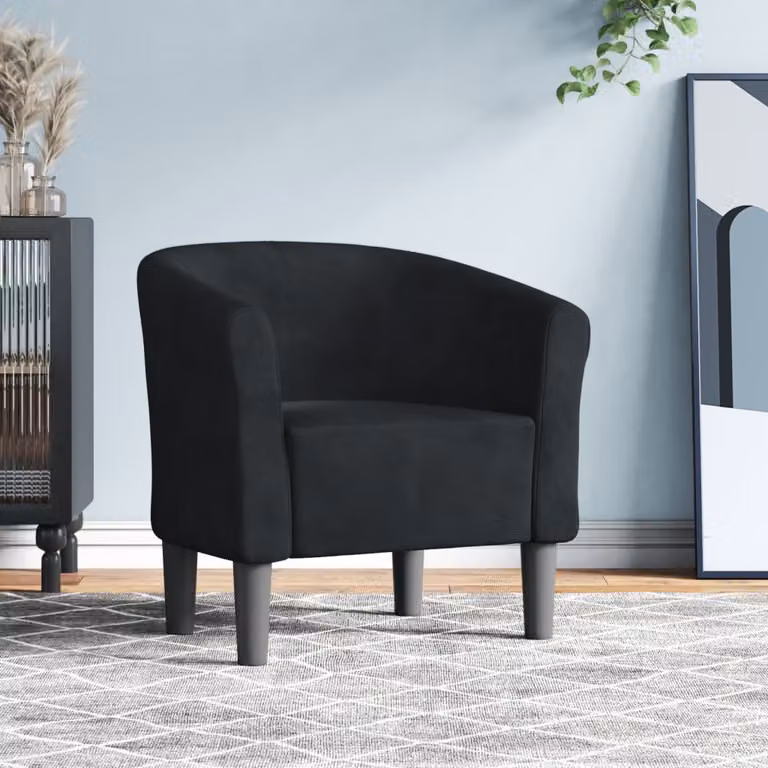 Poltrona Cabriolet moderna vidaXL in velluto nero con braccioli e struttura in legno e plastica, L: 68 cm, P: 70 cm, H: 56 cm