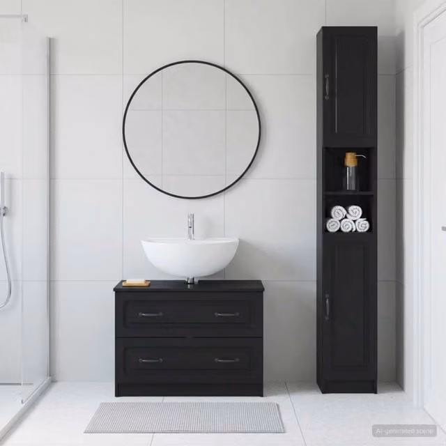 Set di mobili da bagno moderni vidaXL composto da 2 pezzi in legno nero opaco con pensili e base sospesa