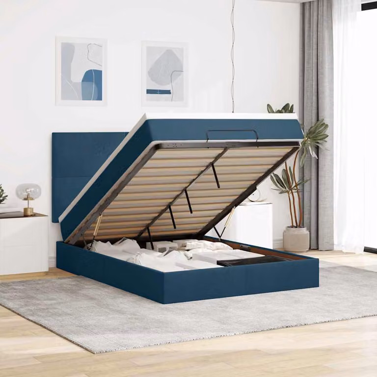 vidaXL Letto con Contenitore e Materasso in Velluto Blu, L: 140 cm, P: 200 cm, H: 128 cm
