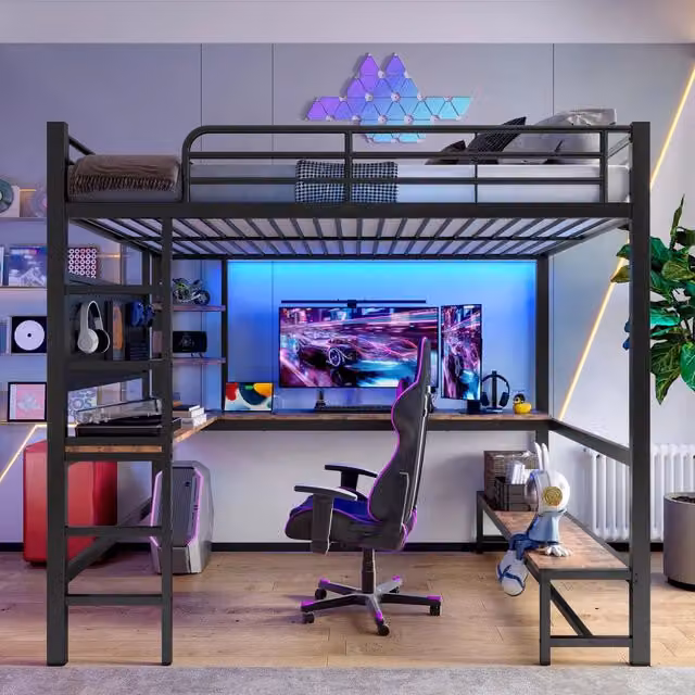 Letto a soppalco moderno nero con scrivania, ripiani, porte USB e Type-C, luce LED e pannello forato, L/P/H: 204 x 140 x 180 cm