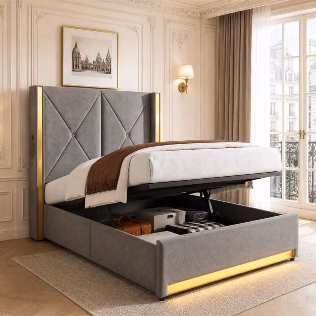 Letto contenitore Mivray con testiera imbottita in velluto grigio, illuminazione LED, porte USB e Type-C, L/P/H: 90 x 200 x 141 cm
