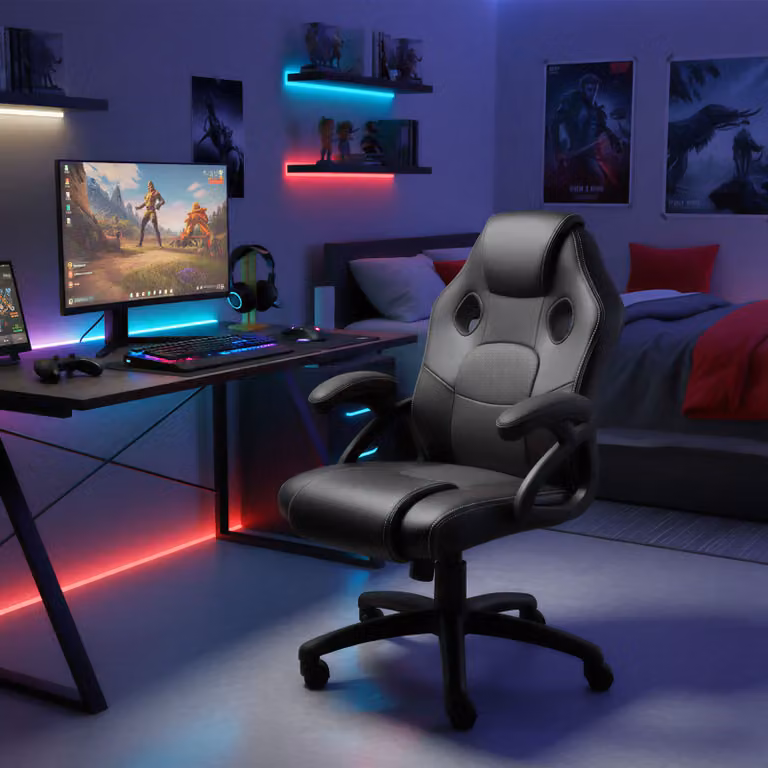 Sedia da gioco racing Mike tectake nera in ecopelle e tessuto con poggiatesta e rotelle