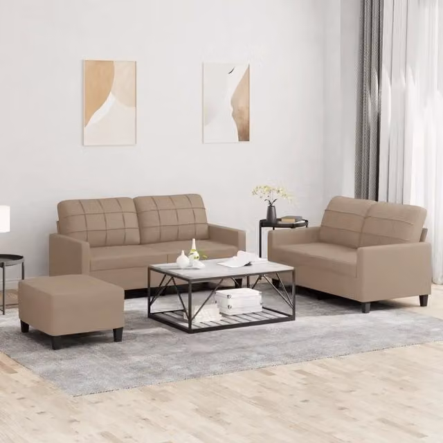 Set di divani moderno vidaXL in similpelle beige composto da divano a 2 posti, divano a 3 posti e pouf con cuscini inclusi