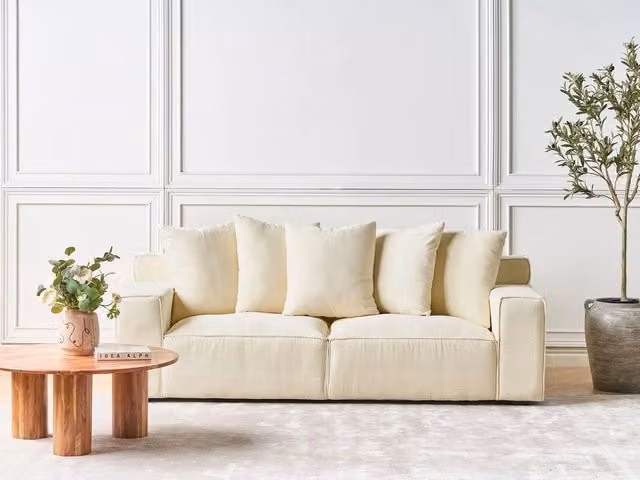 Divano a 3 posti Beliani in velluto beige con struttura in legno massiccio per soggiorno moderno L: 200 cm, P: 74 cm, H: 62 cm