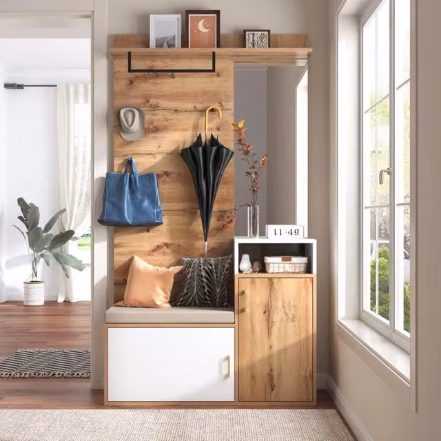 Set di mobili da ingresso MIVRAY in stile scandinavo con specchio, scarpiera, panca e 4 ganci, bianco e legno, L/P/H: 105 x 40 x 190.5 cm