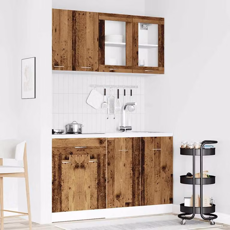 Set di mobili da cucina vidaXL Lyon 4 pezzi in legno antico marrone con ante in vetro e cassetti