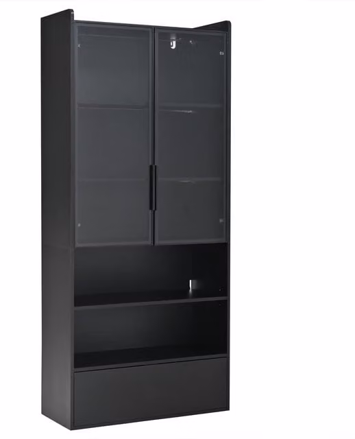Vetrina alta moderna Aosom con ante in vetro e illuminazione integrata, Nero lucido, H: 180 cm, L: 64 cm, P: 34 cm