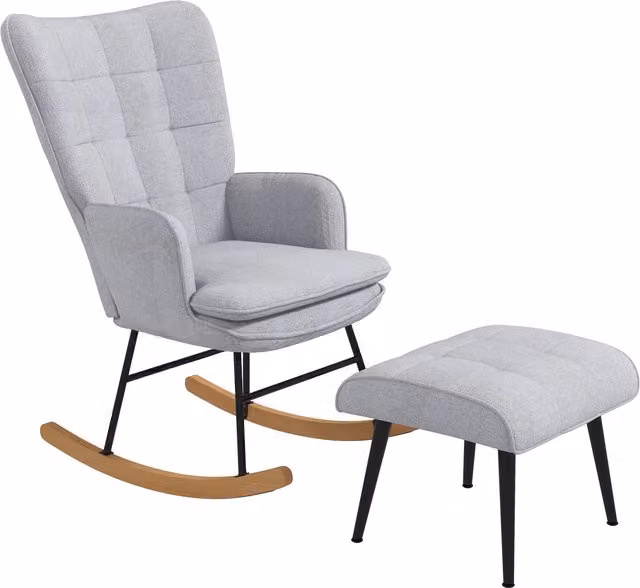 Sedia a dondolo con pouf HOMCOM in stile scandinavo con struttura in legno di faggio e tessuto trapuntato, Grigio Chiaro, L: 64 cm, P: 89 cm, H: 90 cm