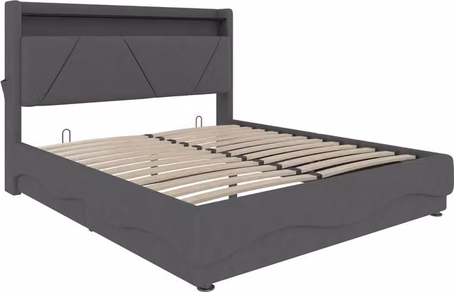 Letto imbottito Gomyway con contenitore, testiera con LED, porta USB e mensola integrata, rivestimento in tessuto grigio, L/P: 140 x 200 cm