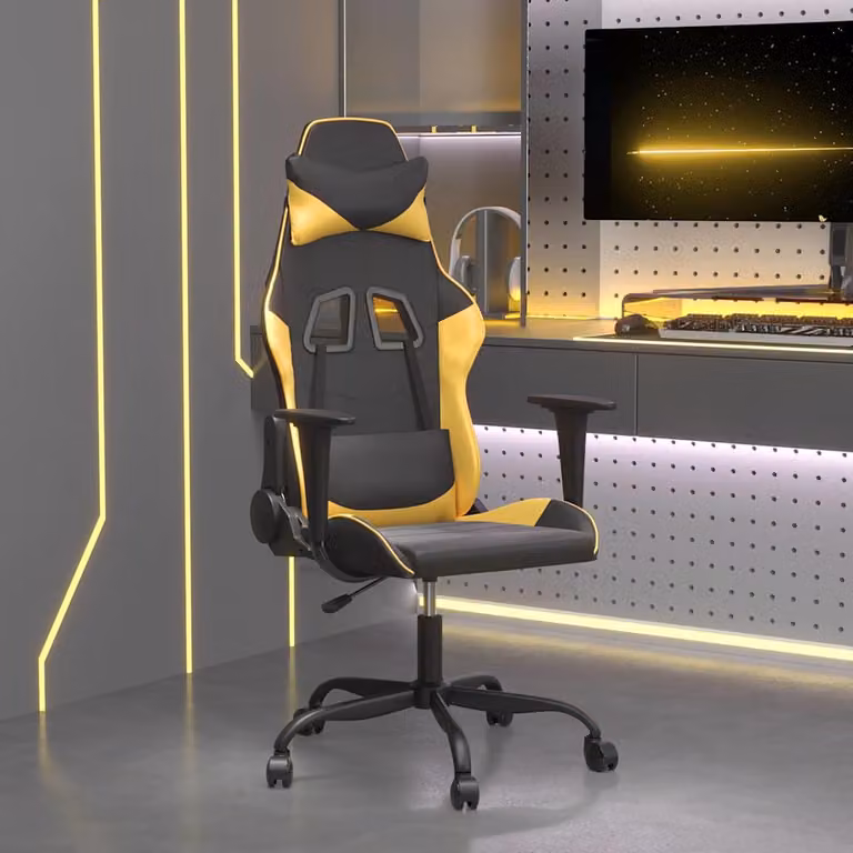 Sedia da Gaming vidaXL Nera e Oro in Similpelle con Poggiatesta e Ruote, Girevole a 360 Gradi