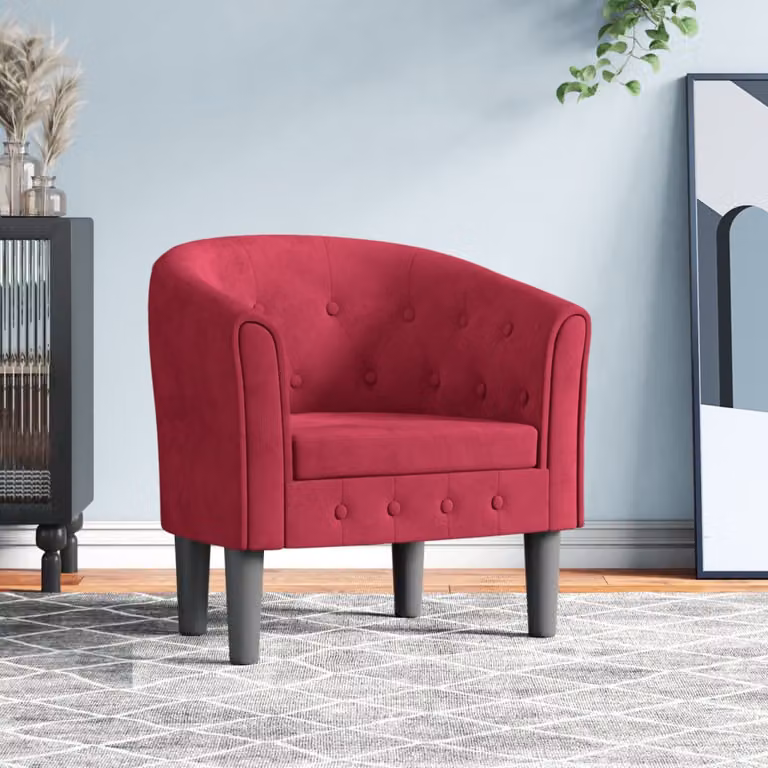 Poltrona Cabriolet moderna vidaXL in velluto rosso vino con braccioli e struttura in legno e plastica, L: 56 cm, P: 68 cm, H: 70 cm