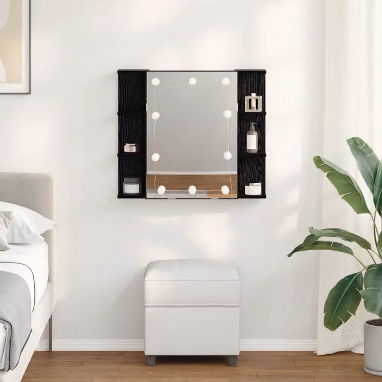 Mobiletto per specchio vidaXL moderno in rovere nero con illuminazione LED e specchio, L: 70 cm, P: 16,5 cm, H: 60 cm