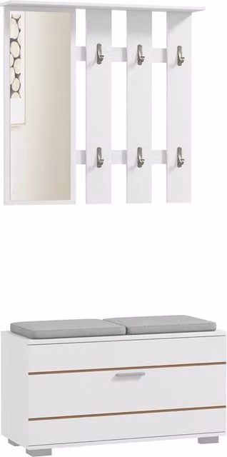 Set Mobili da Ingresso Moderno Bianco con Appendiabiti, Specchio, Panca e Scarpiera per 8 Paia di Scarpe