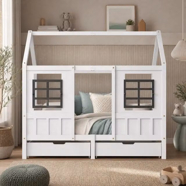 Letto a casetta Mivray per bambini in legno e MDF bianco con 2 cassetti L/P/H: 207 x 90 x 174 cm