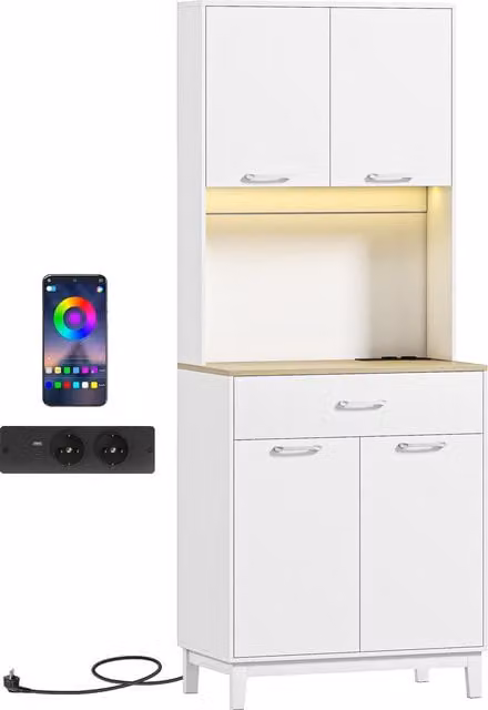 Credenza da cucina HOMCOM bianca con luci LED, stazione di ricarica, 4 ante, cassetto e piano aperto, L/P/H: 71 x 40 x 180 cm