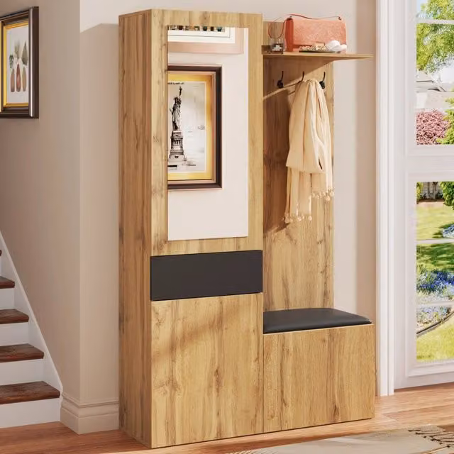 Mobile ingresso moderno WISHDOR con specchio, panca, scarpiera e 5 ganci, disponibile in nero o marrone, H 191.0 x L 98.5 x P 38.0 cm