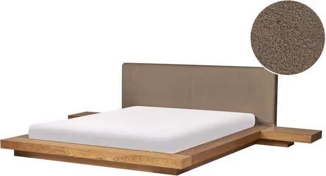 Letto matrimoniale Beliani in legno e tessuto bouclé marrone con testata e comodini integrati stile giapponese L/P: 160 x 200 cm