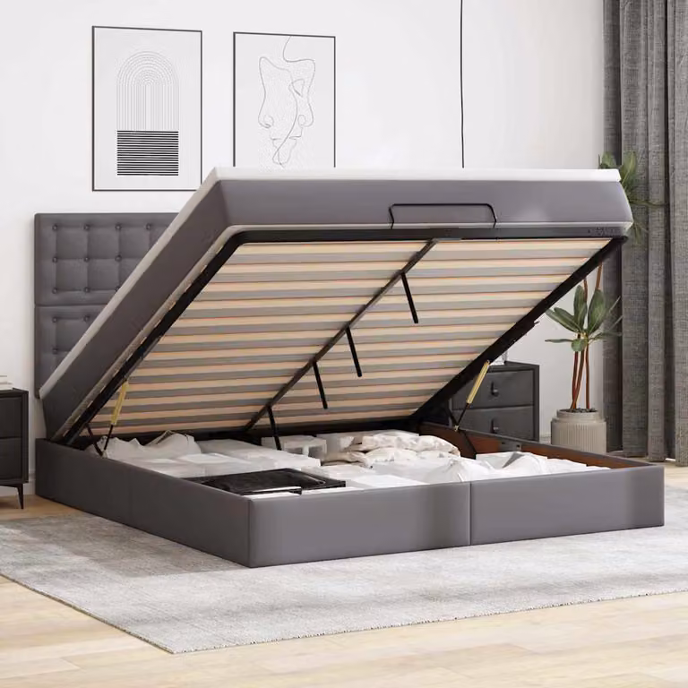 vidaXL Struttura Letto con Materasso e Contenitore a Sollevamento, Rivestimento in Similpelle Grigia e Bianca, L: 180 cm, P: 200 cm, H: 280 cm