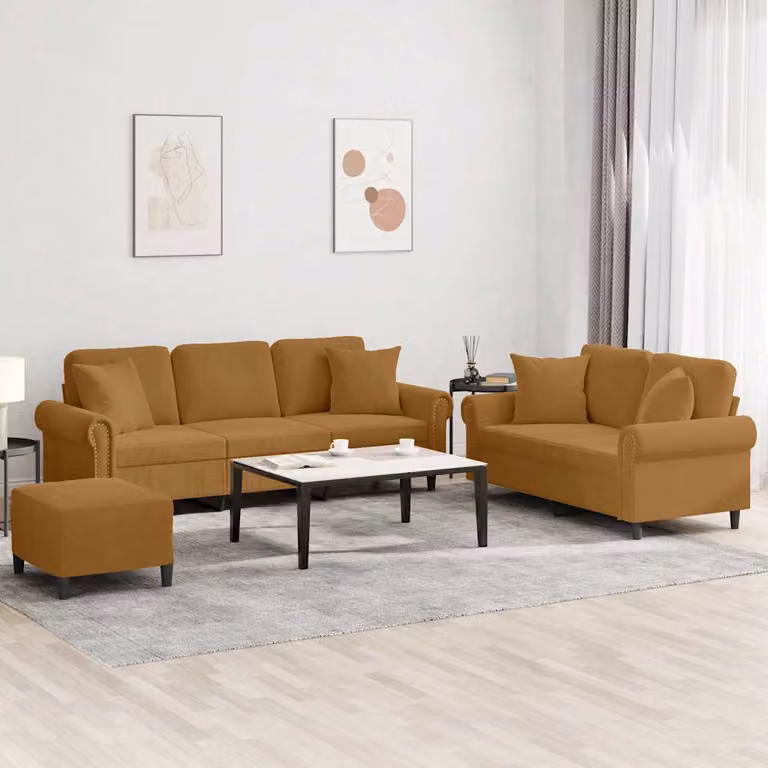 Set di divani vidaXL 3 pezzi in velluto marrone con pouf e cuscini per soggiorno moderno