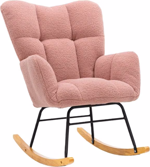 Sedia a Dondolo Chicfurn in Tessuto Bouclé Rosa con Braccioli e Schienale Ergonomico, L: 80 cm, P: 70 cm, H: 95 cm