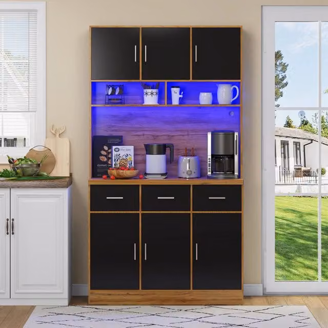 Mobile colonna da cucina Mivray con 6 ante, 3 cassetti, illuminazione LED integrata e prese USB, beige e nero, L: 100 cm, P: 40 cm, H: 180 cm