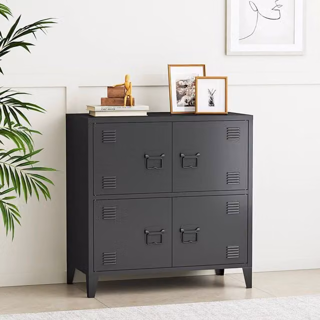 Armadio da archivio Hamina en.casa in acciaio con 4 ante nere opache L: 82 cm, H: 80 cm, P: 40 cm