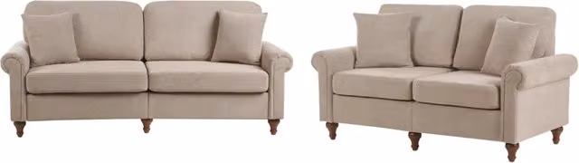 Set di divani moderni Beliani IT in tessuto bianco e beige con cuscini e struttura in legno di quercia oliato, composto da un divano a 2 posti e uno a 3 posti per il tuo soggiorno