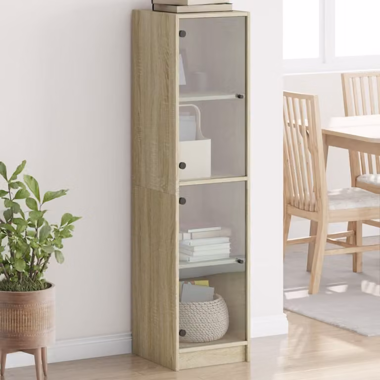 Credenza moderna vidaXL con ante in vetro e finitura rovere, colore beige e marrone, L/P/H: 35 x 37 x 142 cm