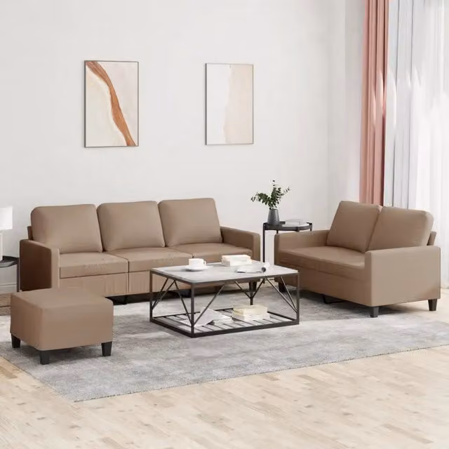 Set di divani moderno vidaXL composto da un divano a 3 posti, un divano a 2 posti e un pouf, rivestito in similpelle beige con cuscini inclusi
