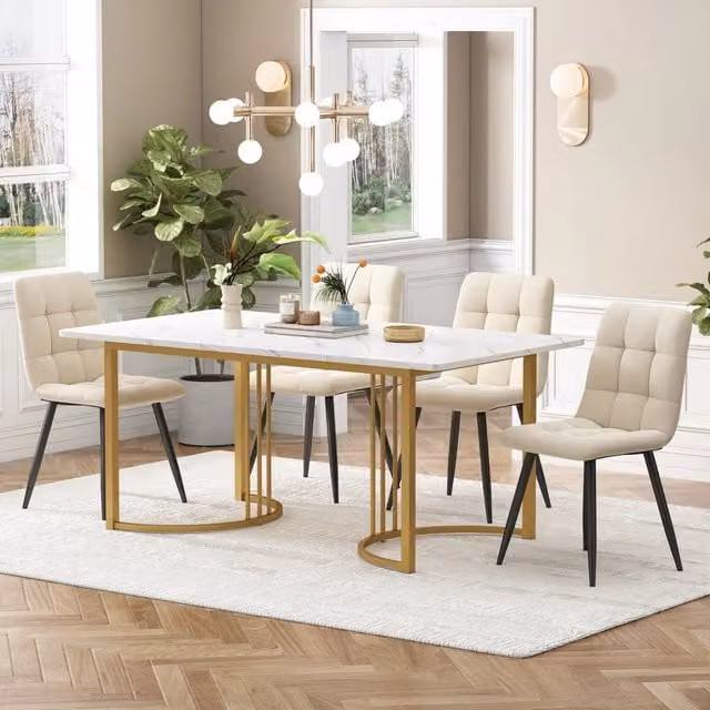 Set da pranzo Mivray composto da tavolo rettangolare in MDF e 4 sedie rivestite in velluto con gambe in metallo, finitura lucida, Bianco e Nero