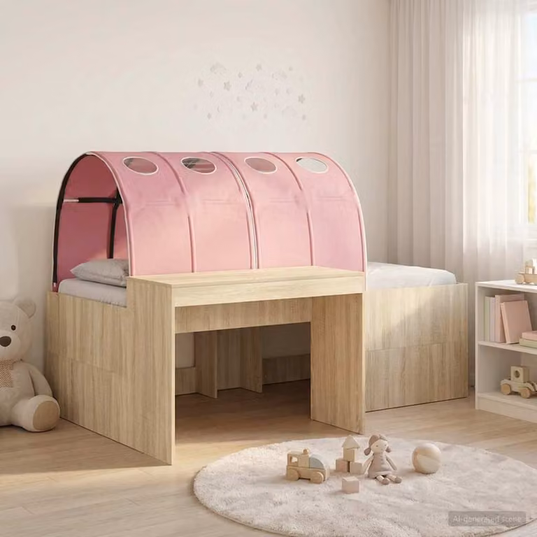 Letto alto singolo per bambini vidaXL con scrivania, 3 pezzi, Rosa e Beige, L: 193 cm, P: 120 cm, H: 133,5 cm