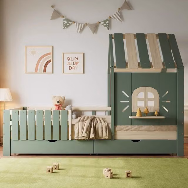 Letto a casetta Mivray per bambini in legno verde e naturale con 2 cassetti, L/P/H: 90 x 200 x 152 cm