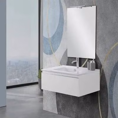 Mobile sospeso da bagno Iside bianco lucido con lavabo a incasso e specchio, larghezza: 80 cm