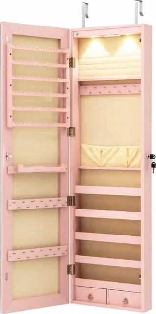 Armadio portagioie Design Mania in legno rosa con specchio e illuminazione LED da parete L: 35,5 cm, P: 10 cm, H: 120 cm