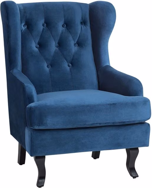 Sedia Wingback BELIANI in velluto blu con gambe in legno massello e braccioli, stile glamour per il tuo living room, H: 85 cm, L: 72 cm, P: 102 cm