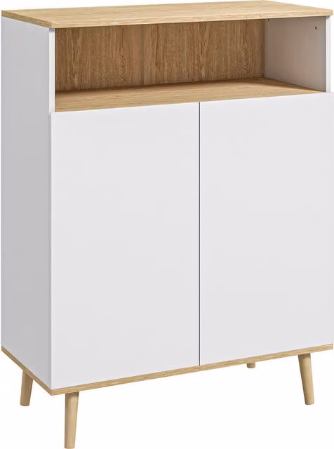 Credenza Scandinava HOMCOM con 2 Ante e Ripiano Regolabile, Gambe in Legno di Pino, Bianco e Rovere, L: 80 cm, P: 38 cm, H: 102 cm