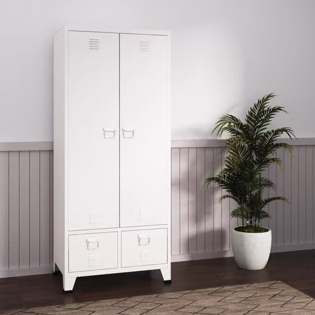 Armadio Hankasalmi en.casa per guardaroba con cassetti integrati e ante a battente, Bianco opaco, H 180 x L 90 x P 40 cm