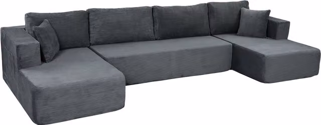 Divano Modulare HOMCOM a 4 Posti con 2 Chaise Longue e 6 Cuscini, Design a U in Velluto Grigio, L/P/H: 369 x 152 x 78 cm