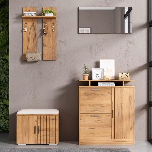 Set di mobili da ingresso MIVRAY moderno in legno naturale marrone con panca imbottita, scarpiera a 5 ante, specchio e 4 ganci, L/P/H: 140 x 35 x 133 cm