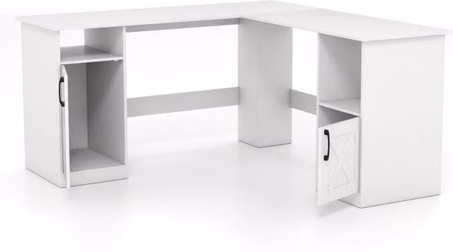 Scrivania angolare moderna bianca con ripiani aperti e armadietti per ufficio o soggiorno in laminato MDF opaco