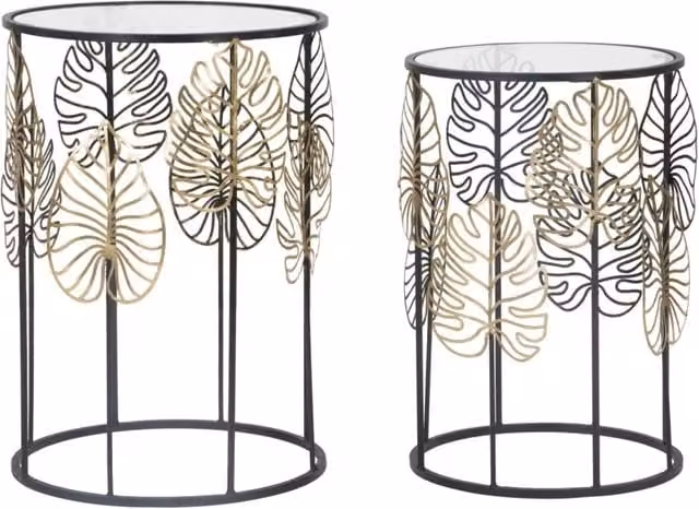 Coppia di tavolini da soggiorno Foglie Glam GIORDANOSHOP con piano in vetro nero e struttura in metallo oro, design floreale, Ø38 x H 55 cm e Ø33 x H 50 cm