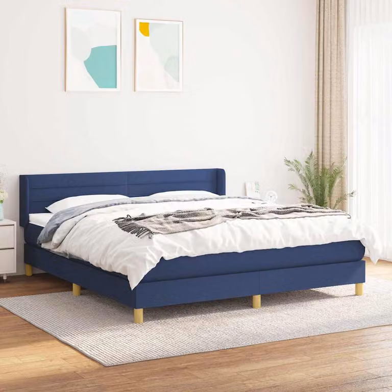 vidaXL Giroletto a Molle con Materasso Blu e Bianco in Tessuto L/P: 160 x 200 cm