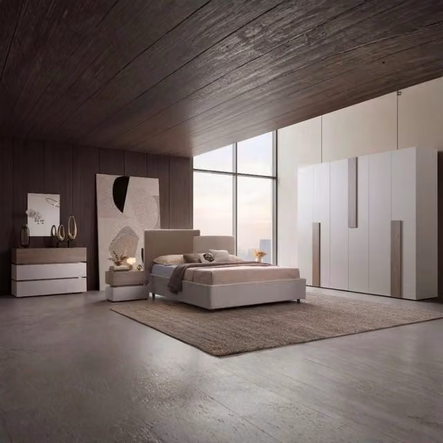 Completa la tua camera da letto con il set Malena moderno composto da letto contenitore con base a sollevamento e armadio a 6 ante, disponibile in colore grigio chiaro e finitura Vanguard con struttura imbottita in tessuto.