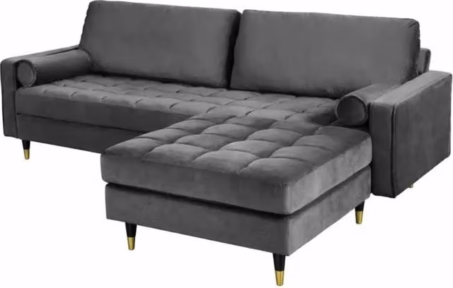 Divano ad angolo reversibile KOLIRI Meublorama in velluto grigio con pouf coordinato per soggiorno L/P/H: 165 x 82 x 90 cm